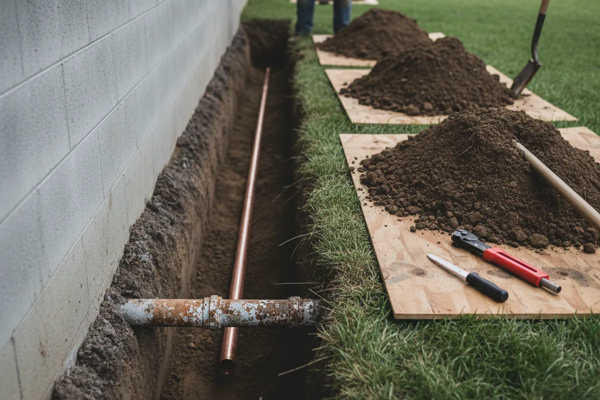 Excavated water line trench during Sewer Line Repair in Boonton